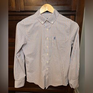 Johnnie-O Blue and Orange Checkered Performance Button Down Shirt Boys Size 12